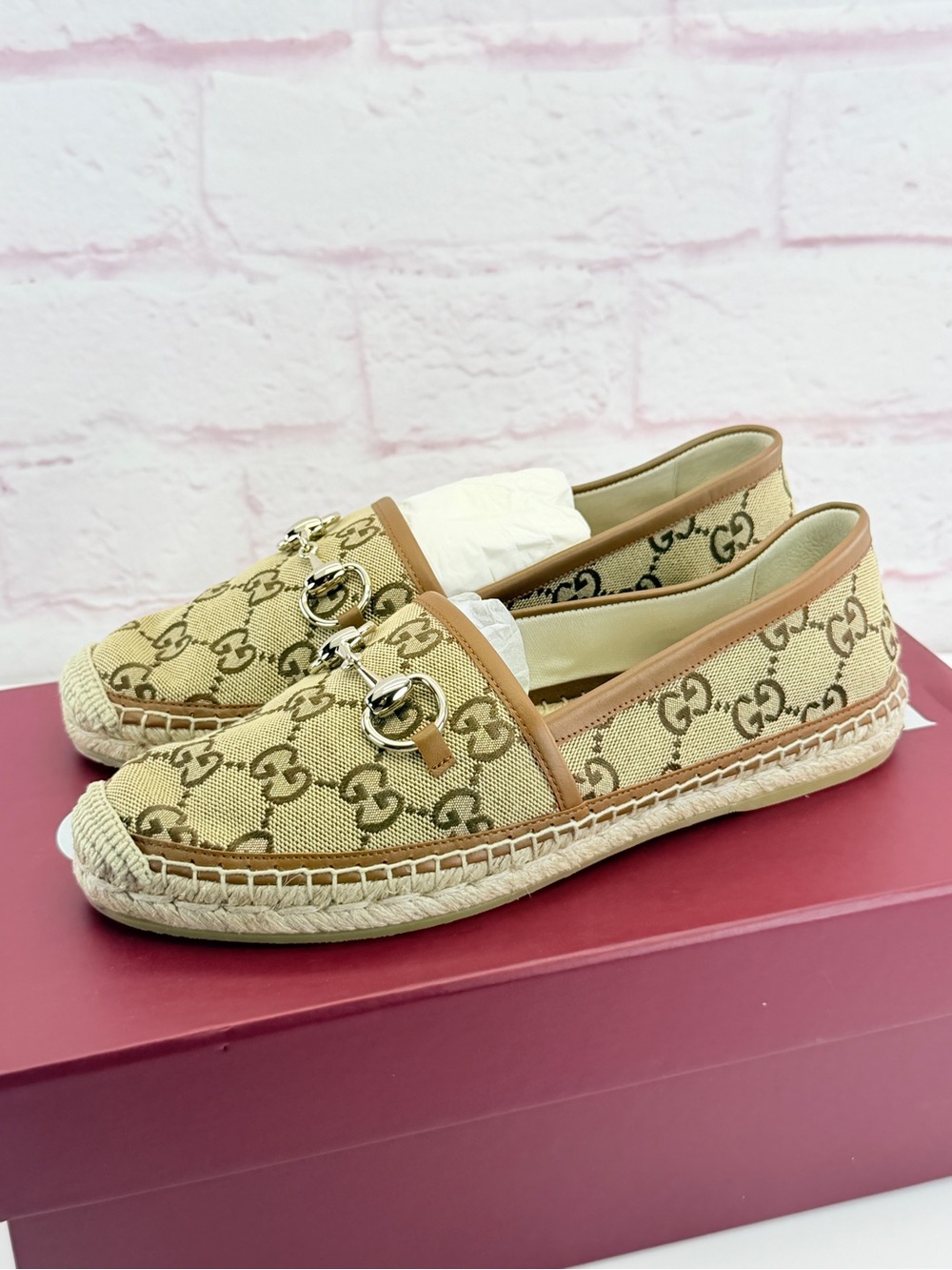 Gucci GG Supreme Monogram Horsebit Espadrilles 36.5 Camel Ebony New
